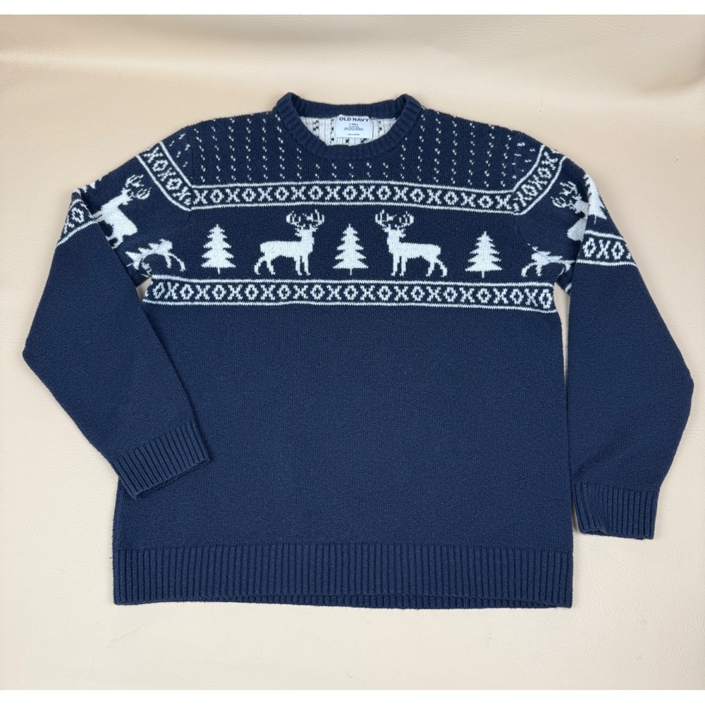 Old Navy L Tall Sweater Christmas Reindeer Fair Isle Cotton Blend Navy Blue